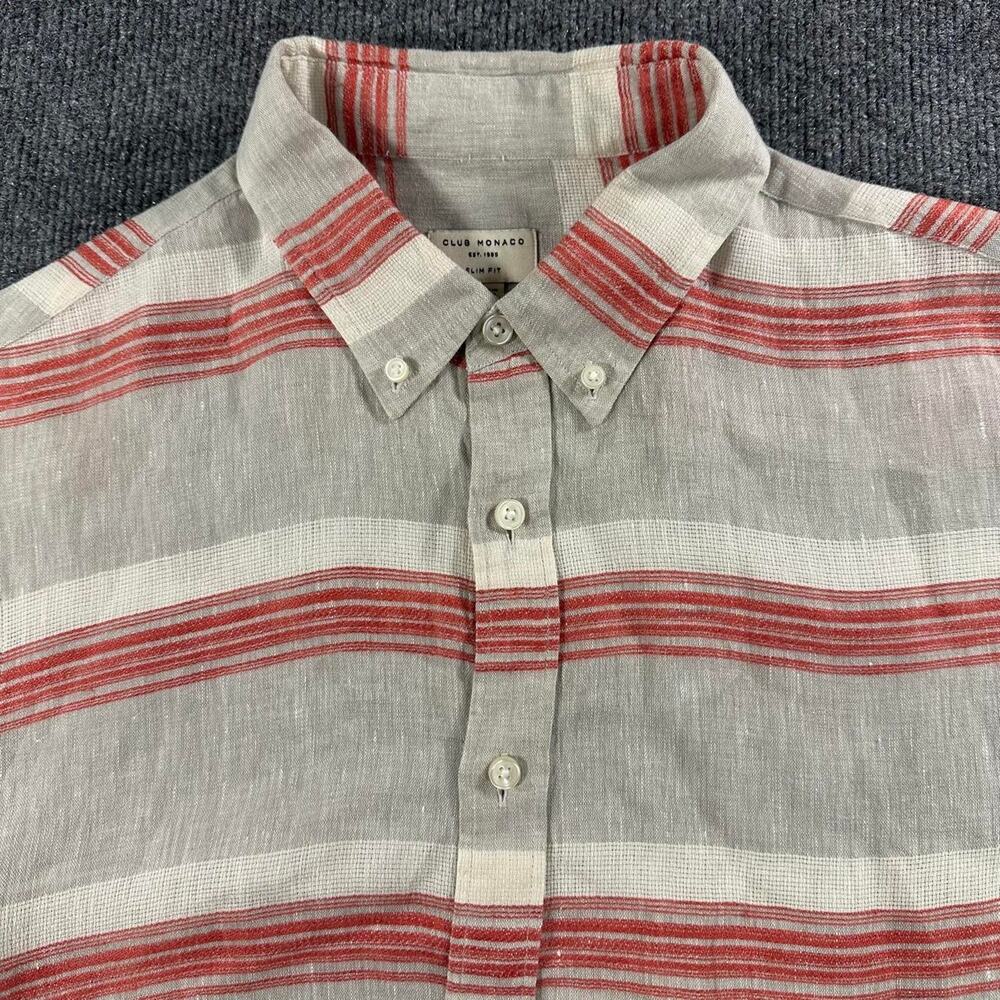 Club Monaco Men’s Short Sleeve Linen Shirt Retro Striped Button Down Collar M